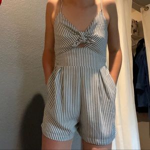 Japna Tie-Front Striped Romper w/ Ruched Back